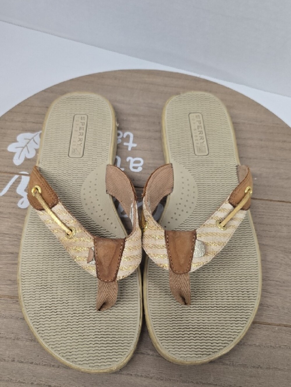 Sperry Tan Cream & Gold Braided Thong Sandals Womens Size 9.5 - Picture 12 of 16